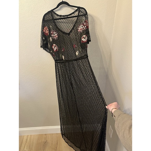 Dresses & Skirts - Sheer Embroidered Floral Black Lace Maxi Dress Swiss Dot Festival Rave Sz XL
